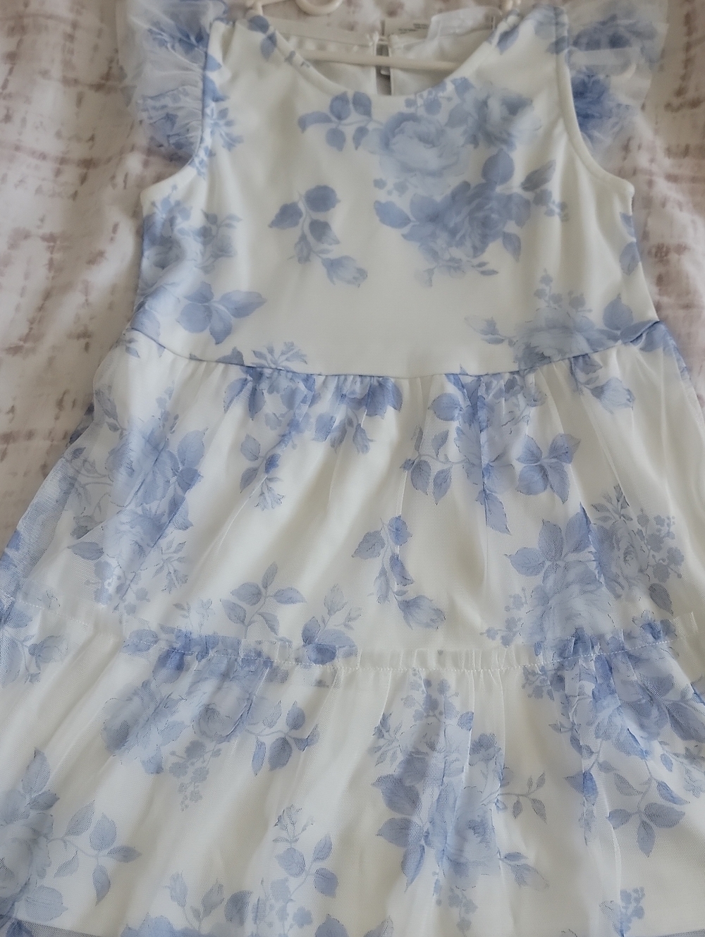 Girls' White Dress with Light Blue Floral Print